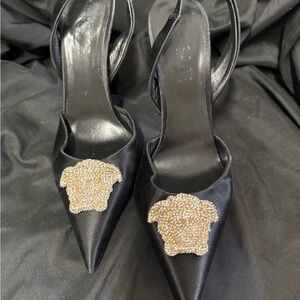 Versace Black and Gold Heels with Ornate Embellishment